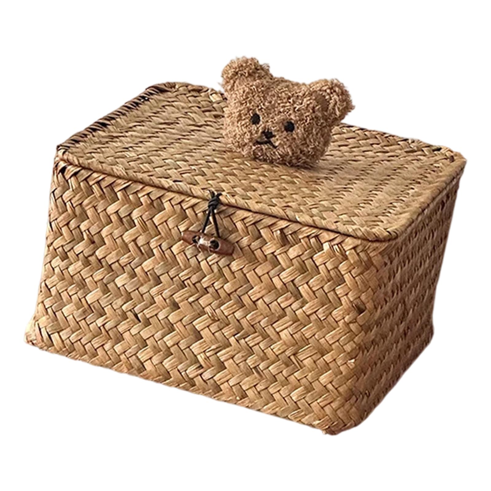 Zxfdsfdbnm Woven Seagrasses Basket with Dustproof Cover and Lovely Bear Ornament Natural Woven Storage Box Storage Basket Square