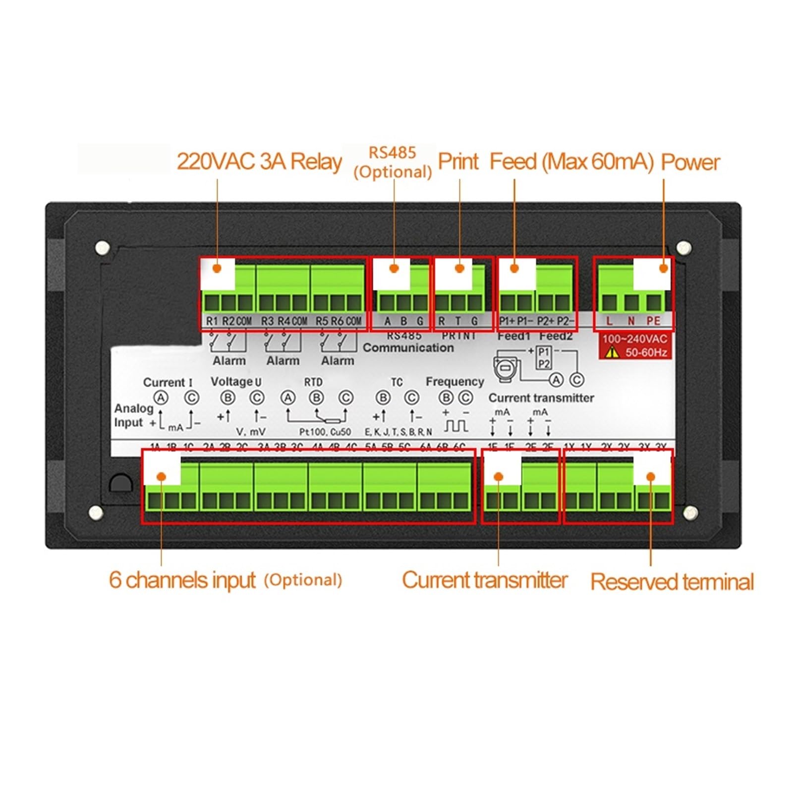 Datenlogger Mehrkanal Temperatur Druck Strom Datenrekorder 4-20mA/RS485 Ausgang(6 Channels (220VAC))