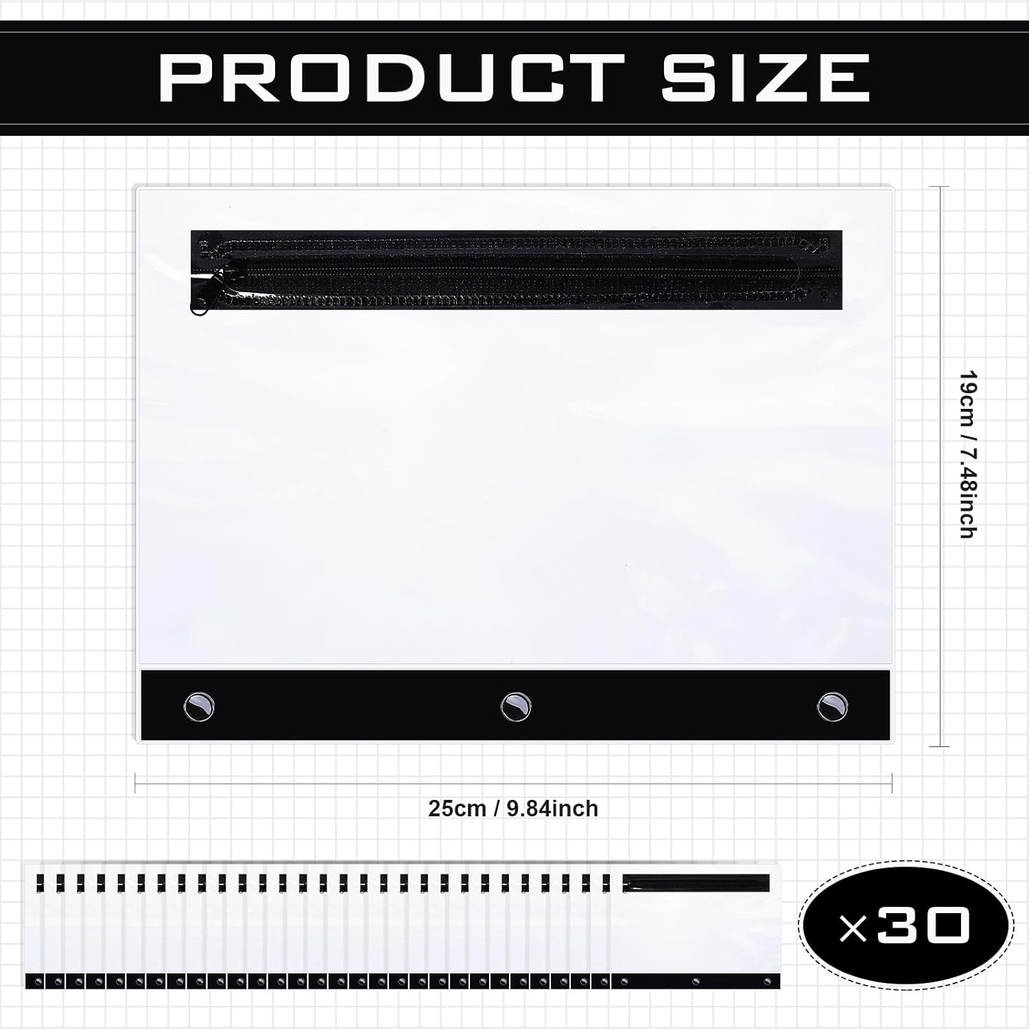 30 Pcs Pencil Pouches with Zipper Clear Binder Pencil Pouches for 3 Ring Binder Bags Bulk for Office Supplies(Black) - Image 3