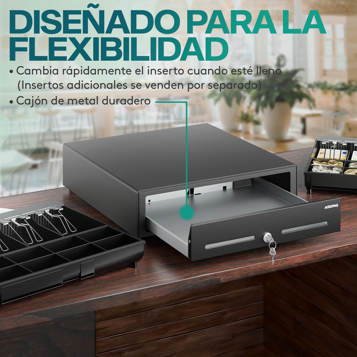 ACROPAQ Cajón portamonedas - Compatible con caja registradora RJ11, 4 compartimentos monedas y 8 billetes, (42 x 41 x 12 cm) Carcasa de metal resistente, Cajón metálico con inserto extraíble