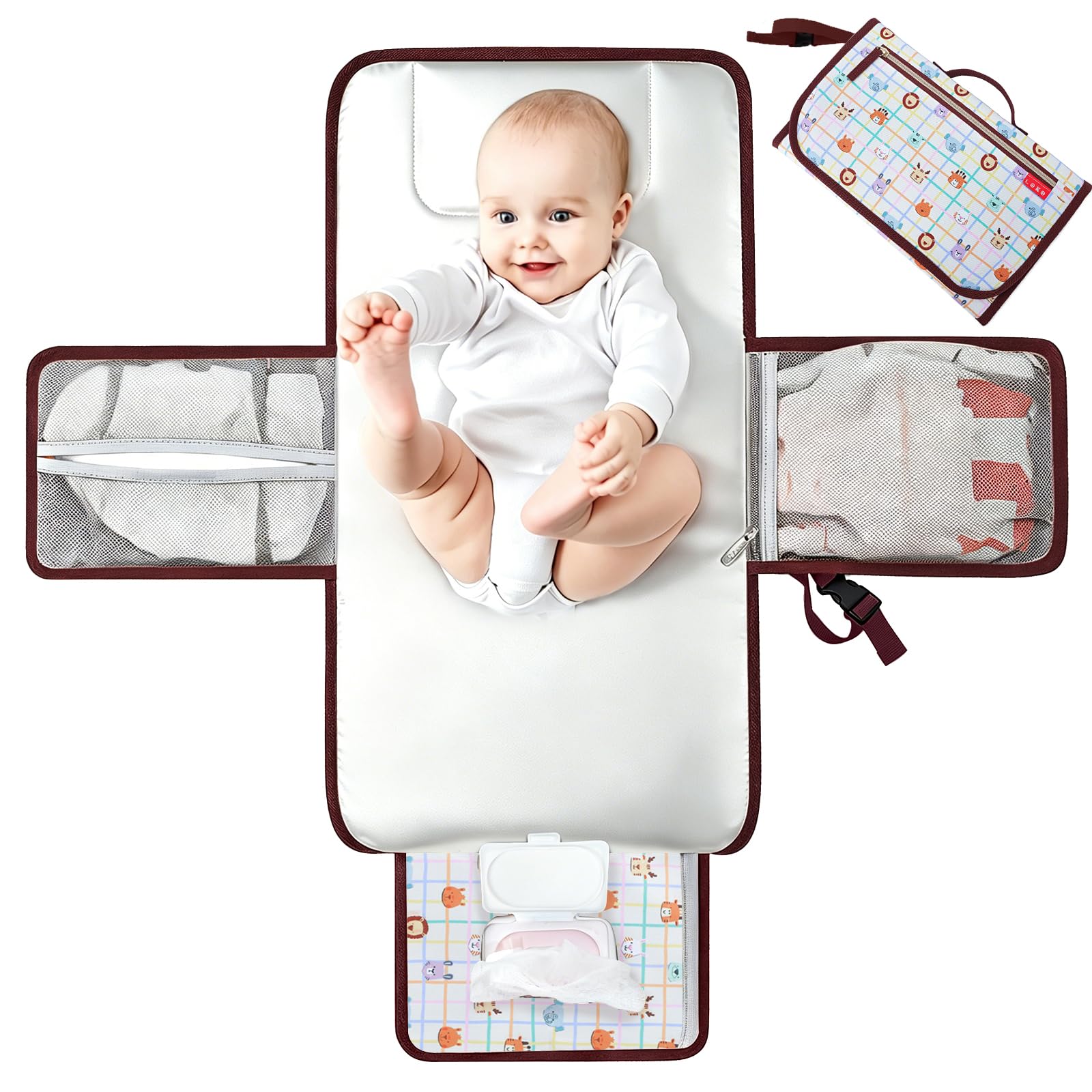 Lekebaby Cambiador portátil bebé viaje cambiador con bolsa de limpieza,Impresión animal