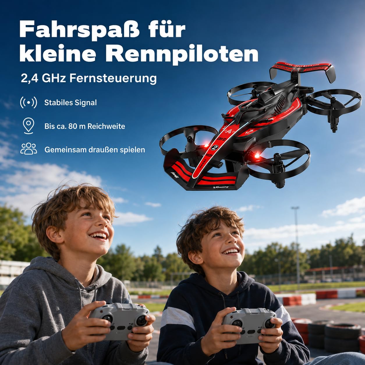 RC Flugauto 2 in 1, Fliegendes Auto mit Fernsteuerung, RC Drone Auto mit LED Beleuchtung, Drift Car & Quadrocopter, 2,4 GHz, Headless Mode, EIN-Tasten-Start, 2 Akkus, Kinder (Rot)
