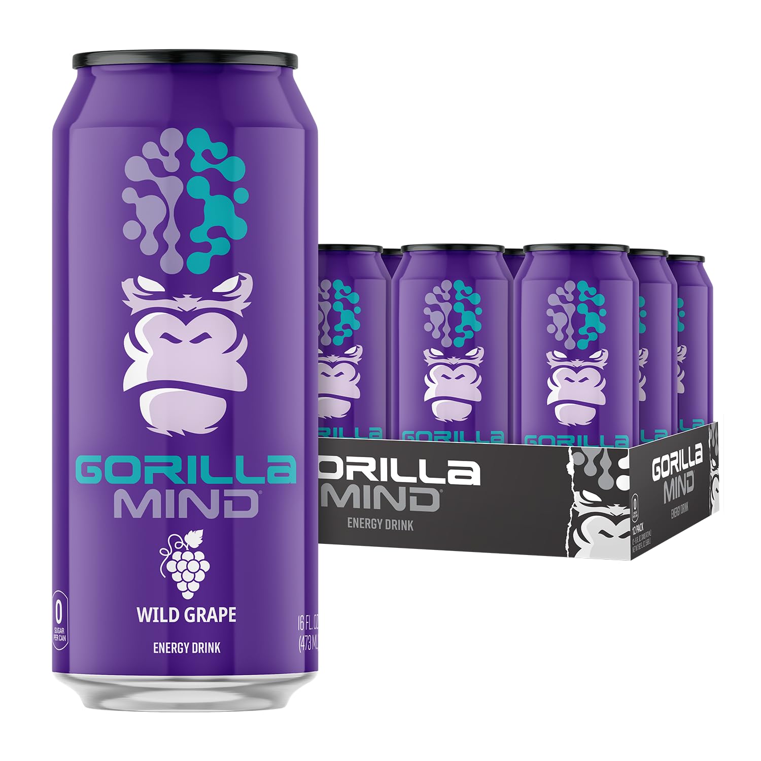 Gorilla MindEnergy Drink | Unmatched Energy · Amplified Focus | N-Acetyl-L-Tyrosine, Alpha-GPC, 200mg Caffeine, Uridine, Saffron | 0 Sugar Or Artificial Colors | 16oz, 12-Pack (Wild Grape)