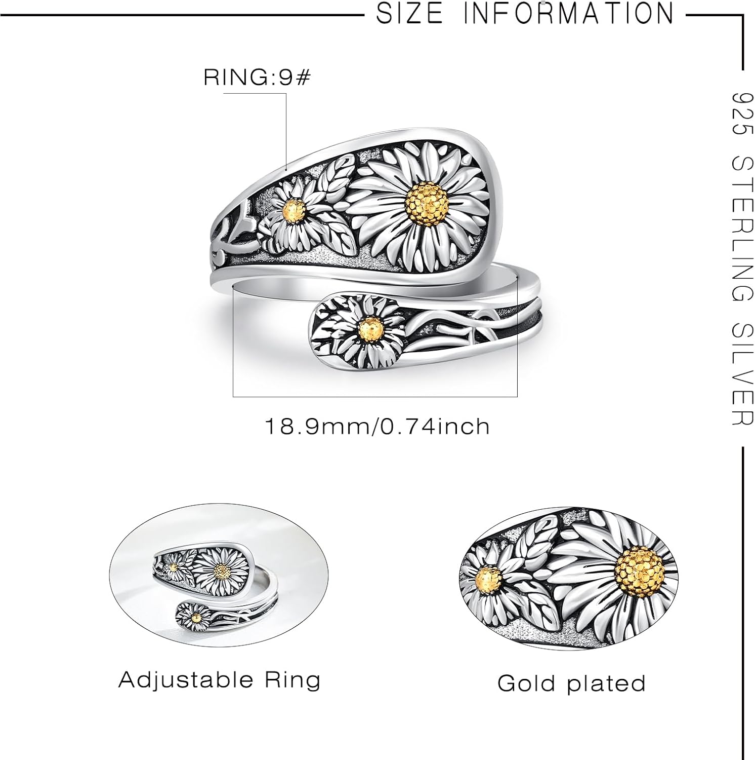 Sunflower Spoon Ring 925 Sterling Silver Sunflower Adjustable Thumb Ring Boho Vintage Jewelry Gifts for Women Birthday Christmas #9 - Image 5