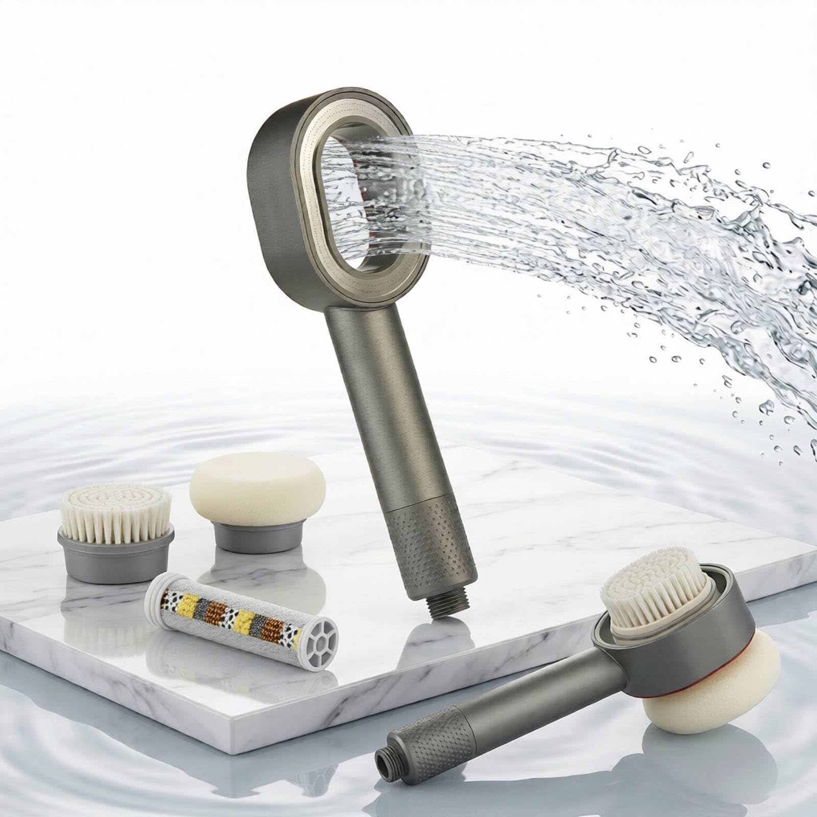CALISTOUK 3 in 1 Shower Head with Filter for Hard Water, High Pressure Spa Massage Set Purifying Shower Head with Detachable Brushes, Softens Water for Skin & Hair (Grey)