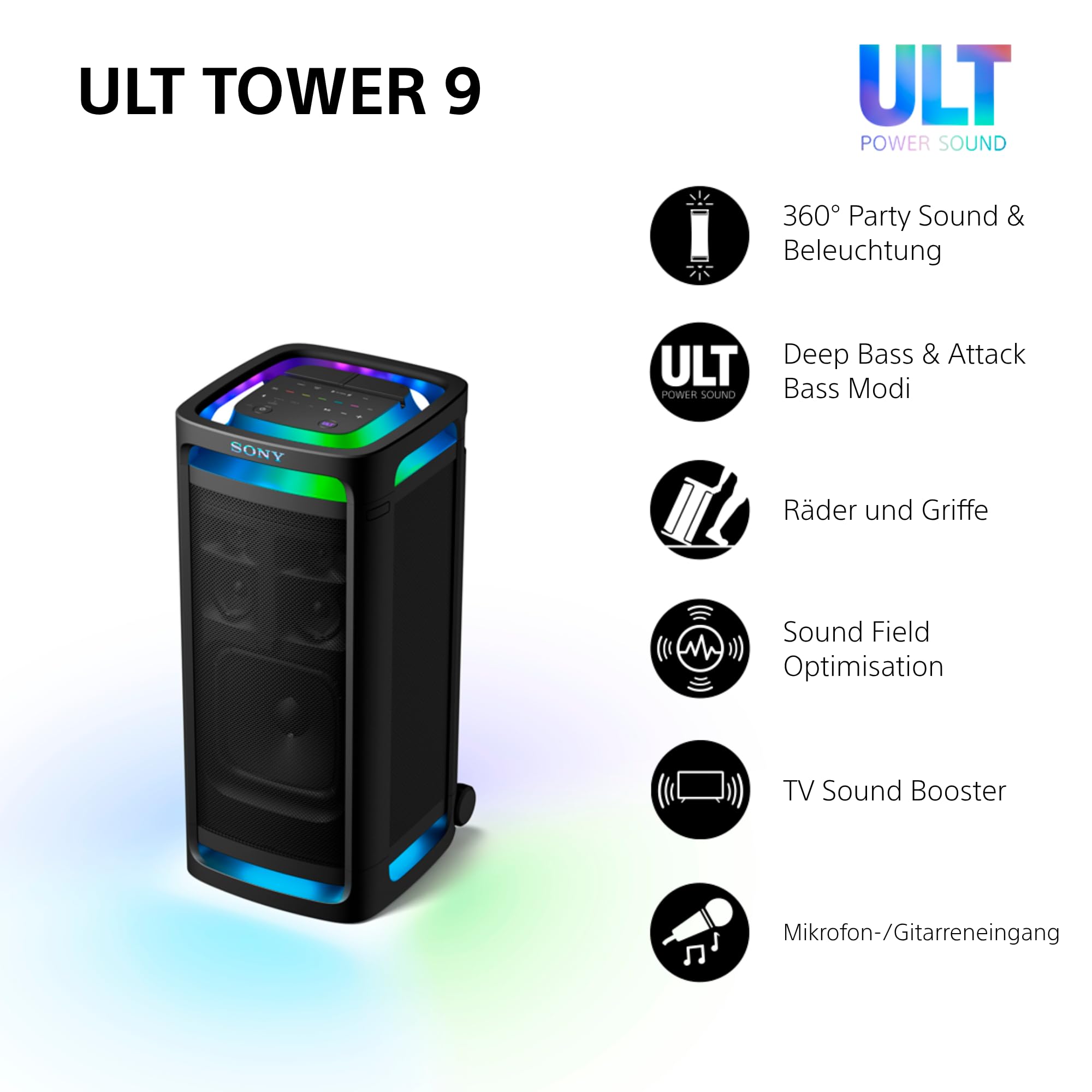 Sony ULT Tower 9 - Ultimativer Bluetooth-Party-Lautsprecher, 25 Stunden Batterie- und Netzbetrieb, 2 ULT Power Sound Modi, X-Balanced Speaker, 360° Beleuchtung & Sound, Karaoke-Eingänge - Schwarz