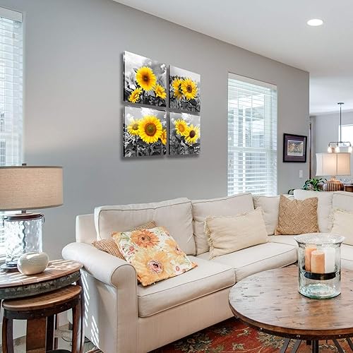 Miniatura 5 de MESESE Decoración de pared 4 paneles de lienzo de girasol, arte de pared Giclée, decoración moderna del hogar, póster de acuarela, lienzo para sala