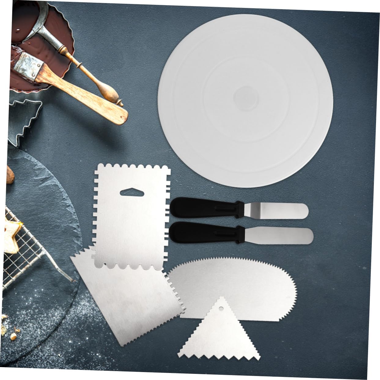 Unomor 7pcs Cake Decorating Set Revolving Turntable Scrapers and Plastic Spatulas for Easy Icing and Cake Decoration Tools