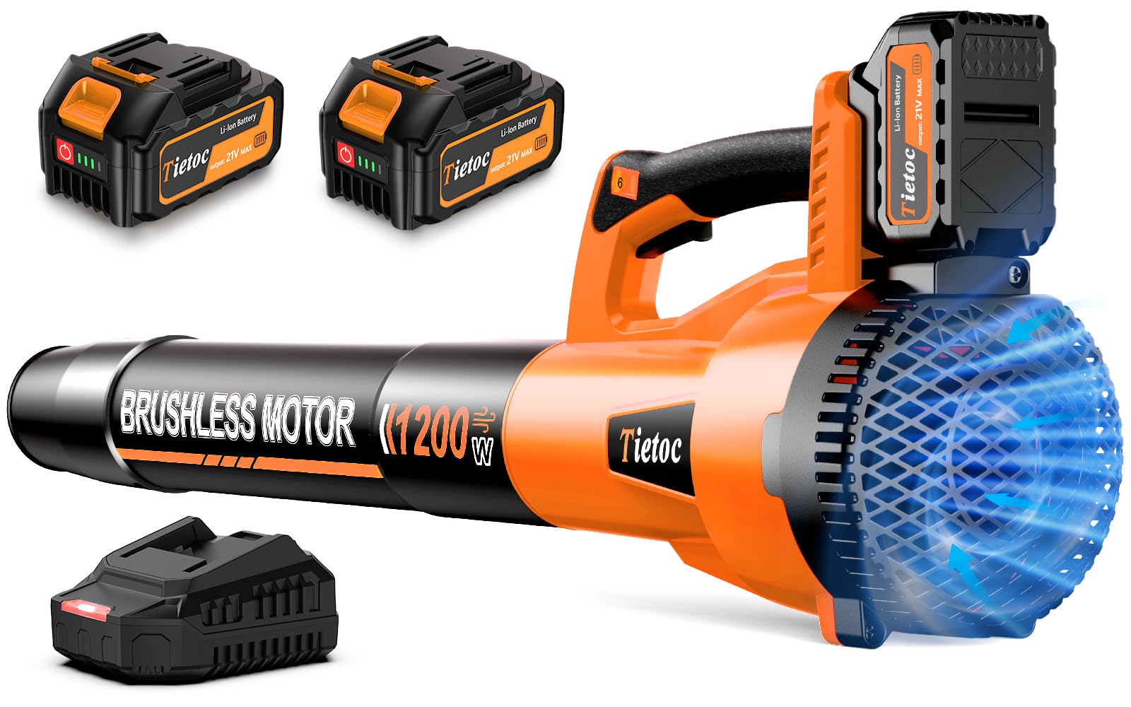 Tietoc cordless leaf blower in orange with long tube