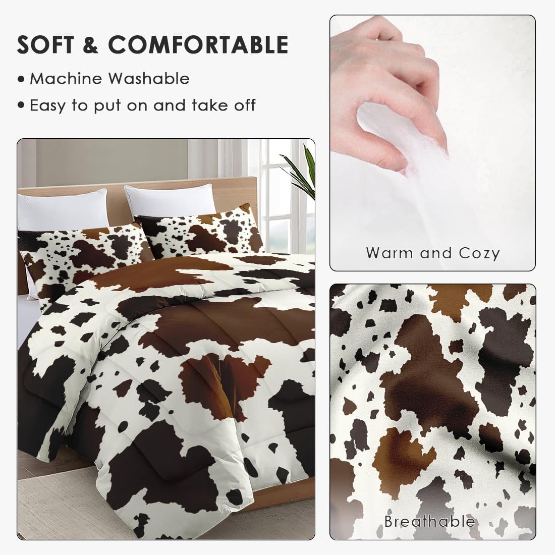 Queen Size Comforter Set with 2 Pillowcases, Vintage Cow Brown Cowhide Animal Soft 3 Pcs Bedding for Kids and Adults Bedroom Bed Decor - Image 5