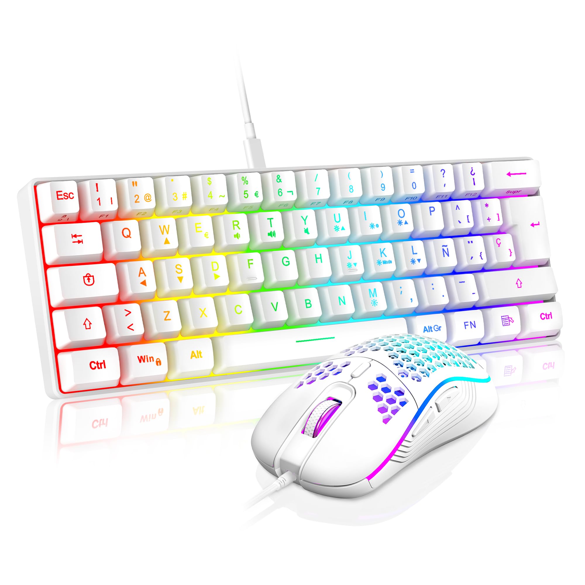 RedThunder K62 60% Combo Teclado y Ratón Gaming RGB Idioma Español, Teclado Mini Ultracompacto Retroiluminado y Ergonómico, Ratón Gaming Óptico 7200 dpi, Compatible con PC,PS5,Xbox (Blanco)