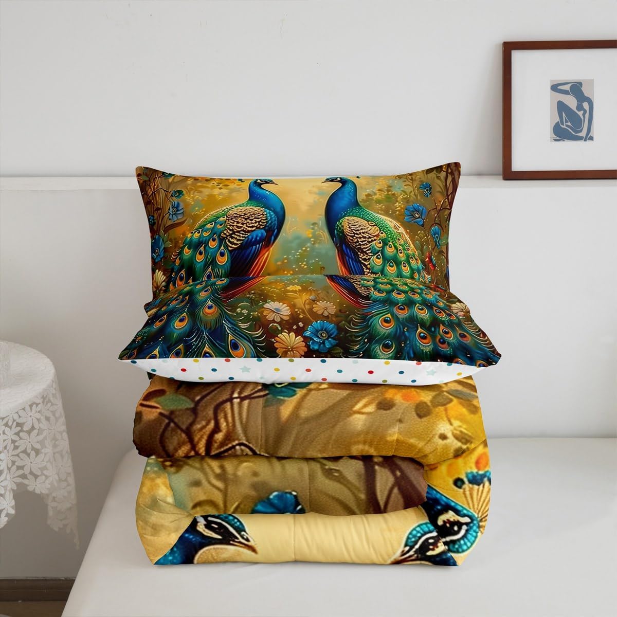 jejeloiu Peacock Bedding Set King Size Beautiful Bird for Adult Kids Boys Girls Green Blue Duvet Set Comforter Set Flower Floral Quilt Set 3Pcs