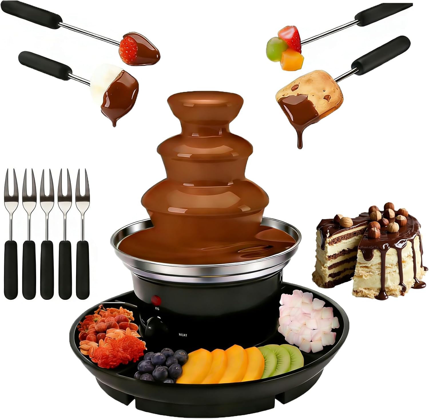 3 Tier Electric Chocolate Fondue Fountain Machine for Parties - Melts Cheese, Queso, Candy, and Liqueur - Dip Strawberries, Apple Wedges, Vegetables, and More - 16-Ounce - Black