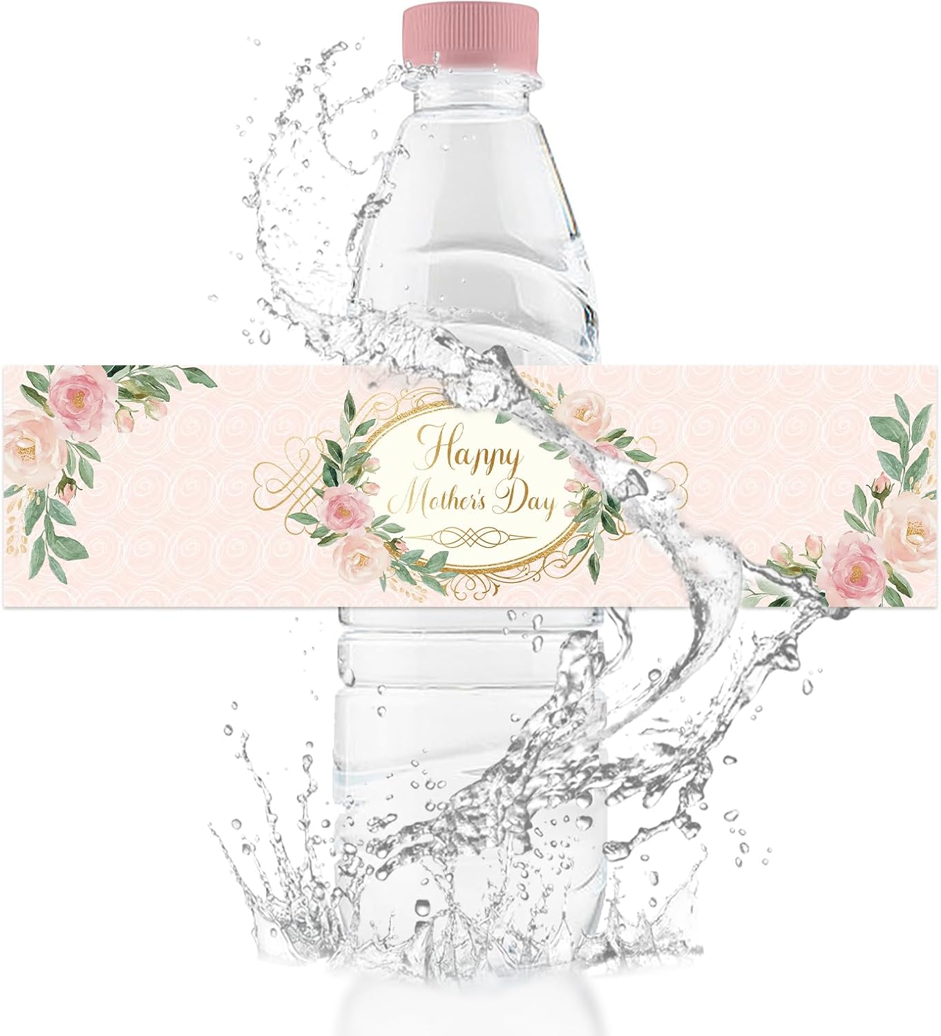 100Pcs Happy Mother's Day Water Bottle Labels Foil-Stamped Waterproof Wrappers Pink Floral Wraps Stickers Party Favor Decoration Supplies