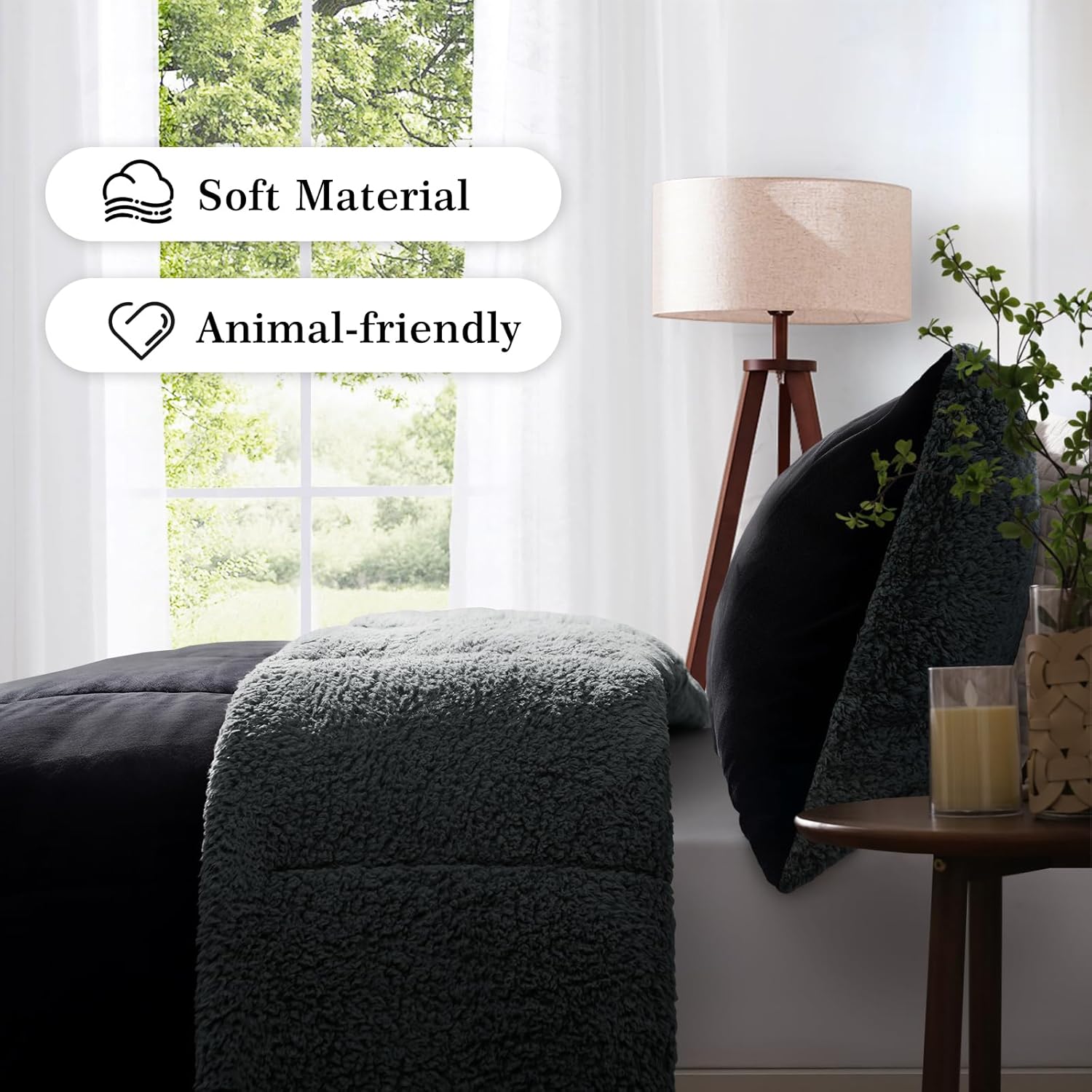 MERITLIFE Fluffy Sherpa King Size Bedding Comforter Sets King Comforter Set-3 Pieces Bed in a Bag Black Soft Comforter and Pillowcase Luxury Warm Bedding Set for Winter - Image 6