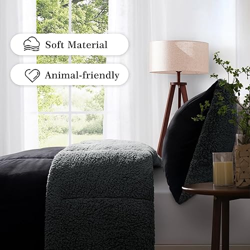 Miniatura 6 de MERITLIFE Juego de edredón mullido de sherpa tamaño queen, juego de edredón de 3 piezas en una bolsa, edredón suave y funda de almohada negro, juego