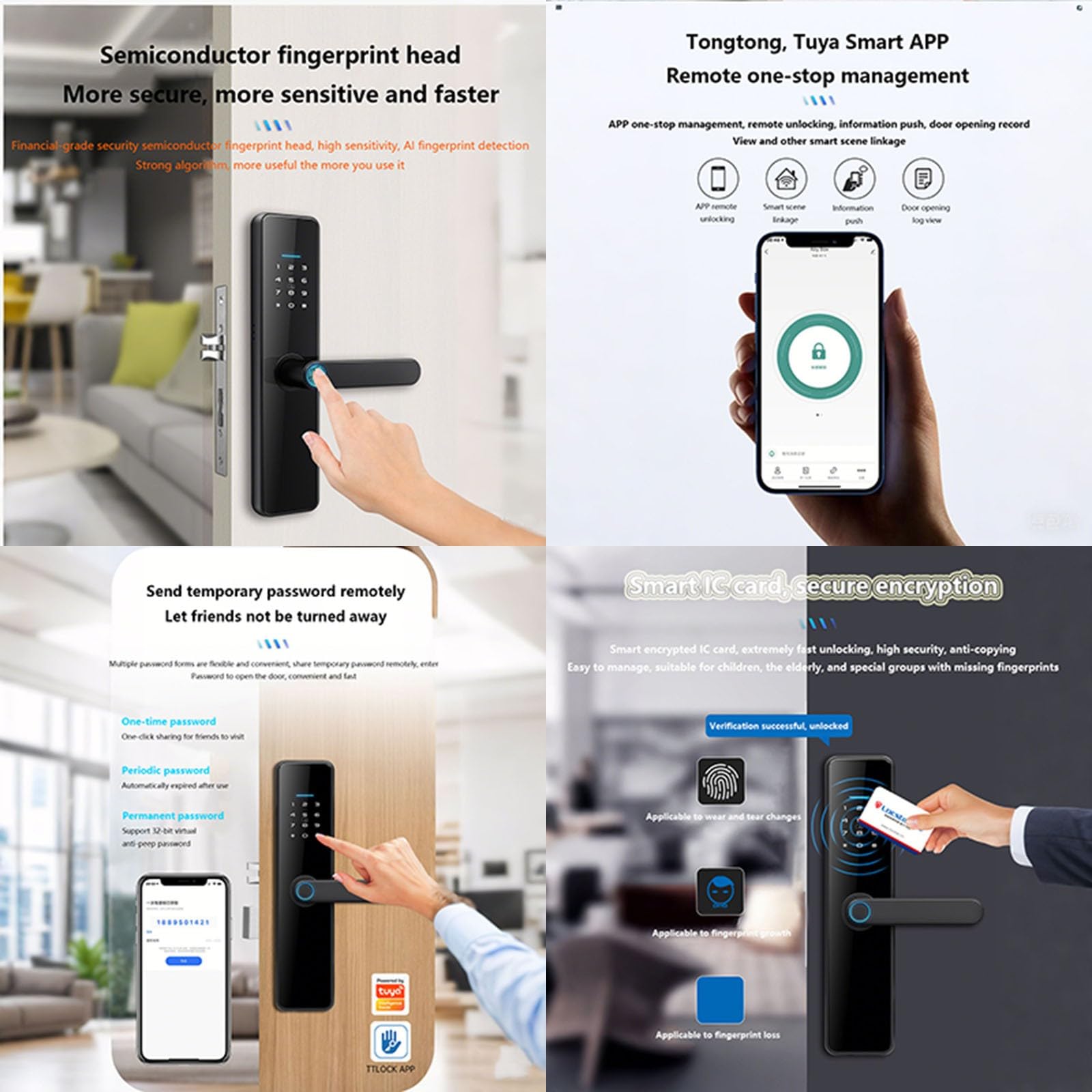 Inteligentny zamek do drzwi, odcisk palca, Tuya Smart zamek do drzwi, Bluetooth, inteligentny zamek z czytnikiem linii papilarnych, do drzwi o grubości 45-80 mm, czarny
