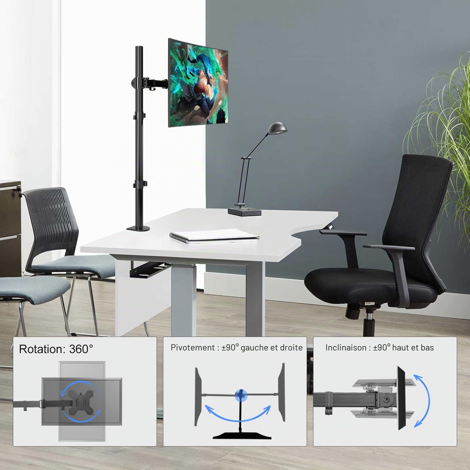 suptek Support Ecran PC pour Écran LCD/LED 13-32 Pouces, Bras pour Moniteurs d'ordinateur avec Poteau de 80 cm, Hauteur Réglable Inclinaison et Pivotant Rotation VESA 75/100 mm jusqu'à 10kg (MD6821)