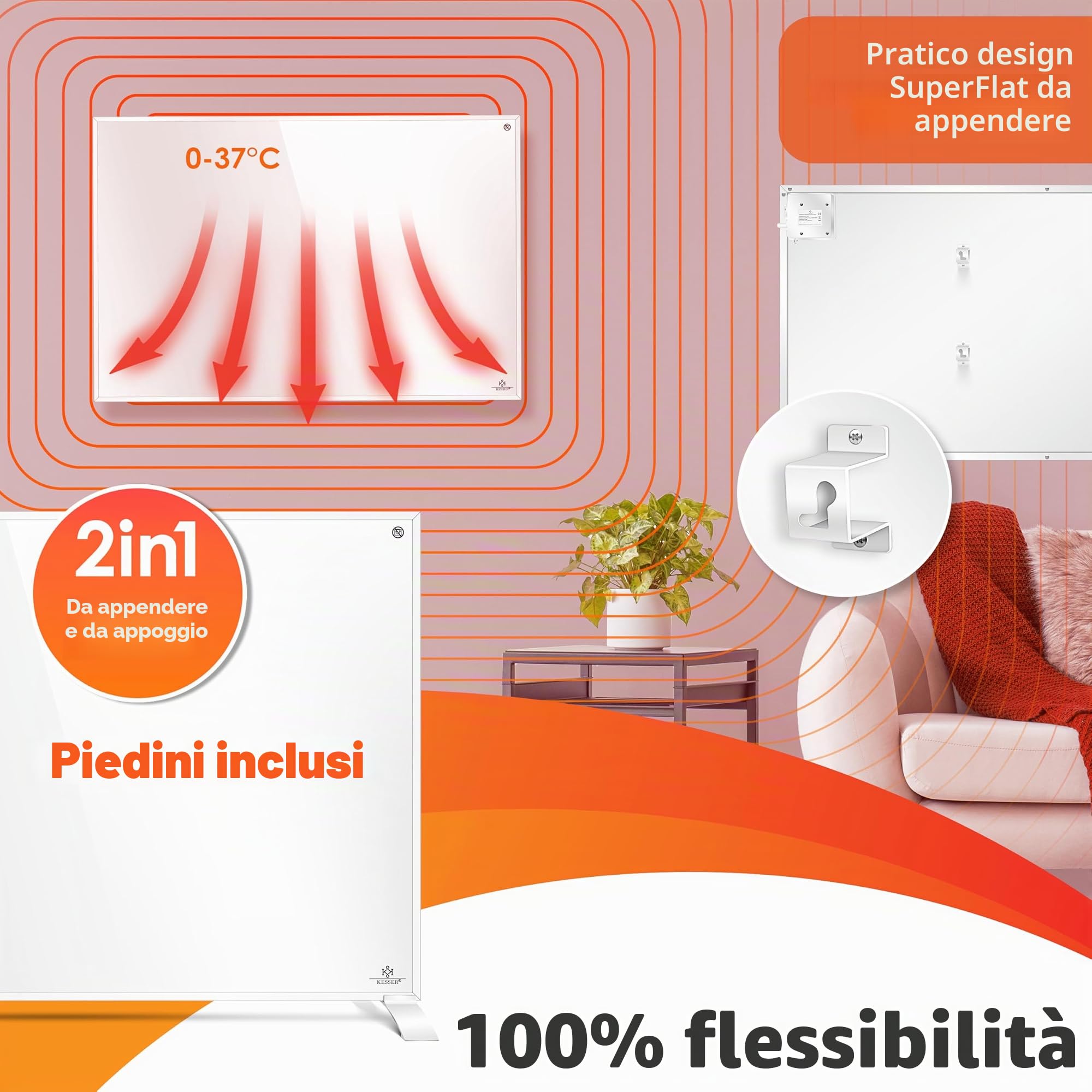 Riscaldamento a infrarossi KESSER® Risparmio energetico Riscaldamento elettrico a infrarossi da appoggio e da parete 550 W con telecomando Termostato e controllo tramite app Elettrico
