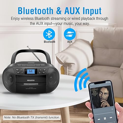 Miniatura 5 de MEGATEK CBR510 Reproductor portátil de CDcassette Boombox con Bluetooth, radio AMFM, reproducción USB, entrada AUX, conector para auriculares,