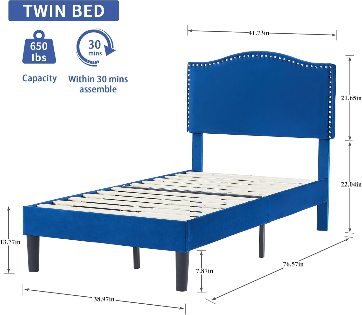 VECELO Twin Bed Frame, Platform Bed Frame with Adjustable Height Upholstered Headboard, Heavy-Duty Frames and Strong Wooden Slats Support, Non-Slip and Noise-Free, Easy Assembly, Dark Blue