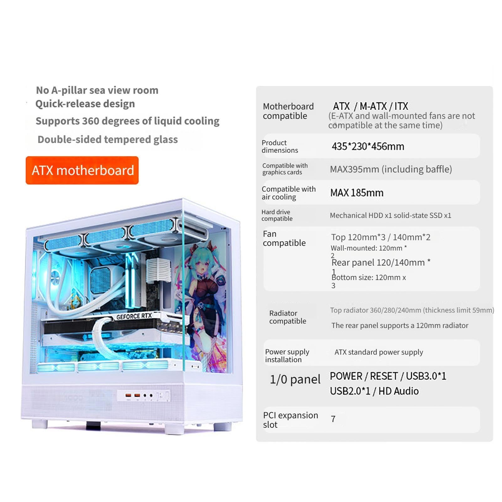 upim Computergehäuse, E-ATX-Gehäuse, Mid-Tower-Desktop-Computer, Gaming PC Gehäuse, USB 3.0-Anschlüsse, Doppelseitiges Gehärtetes Glas, Unterstützt Wasserkühlung(White,6fans)
