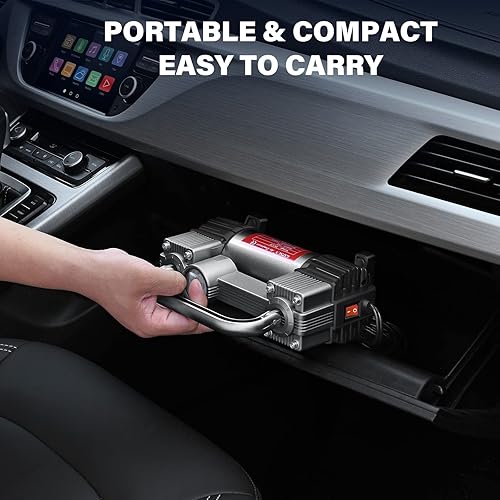 Vista 8 de GSPSCN Inflador de neumáticos de doble cilindro resistente, compresor de aire portátil de metal DC 12V - Accesorios para automóvil, bomba de Titanio