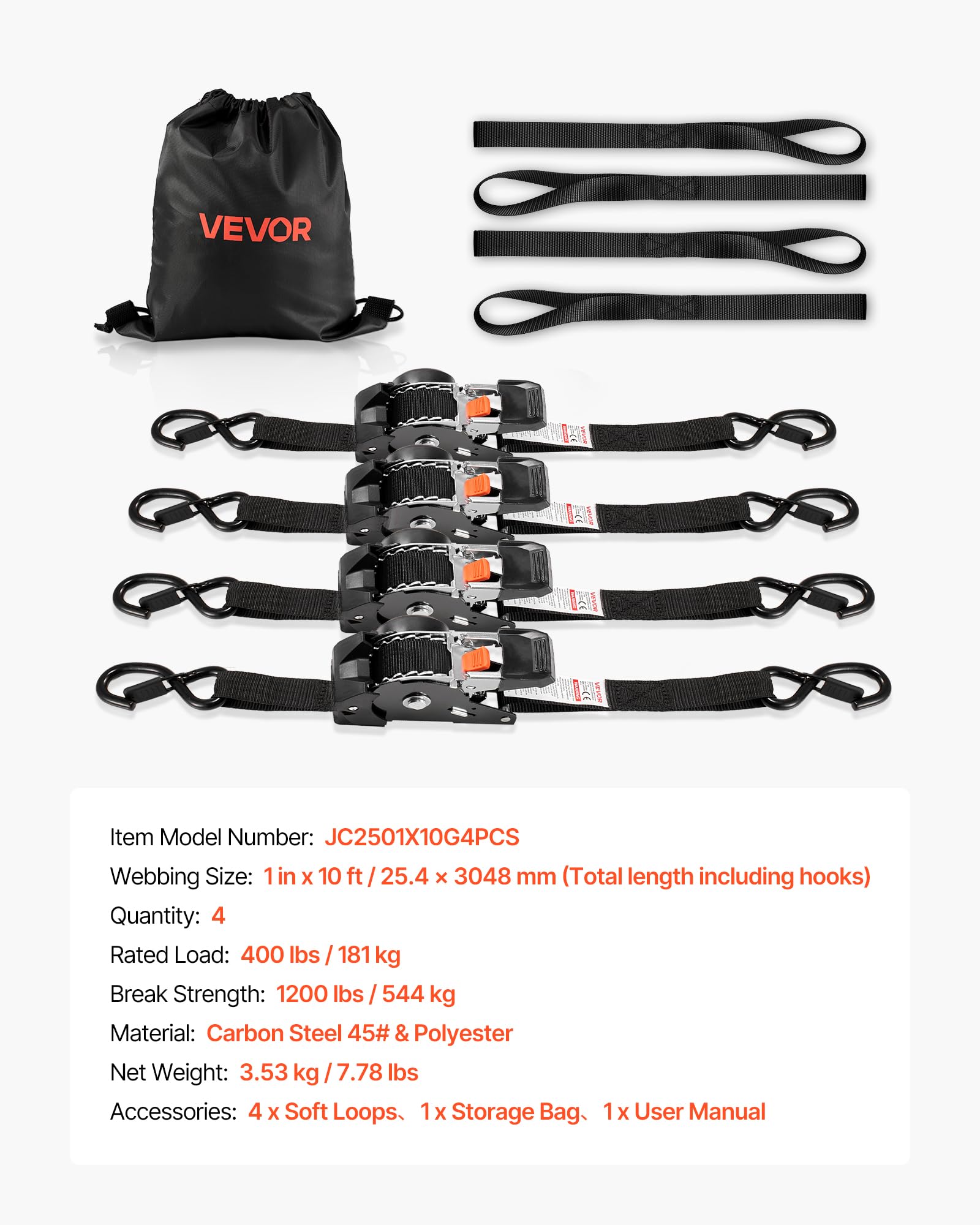 VEVOR Correas de Trinquete Retráctiles, 25,4 mm x 3 m, con Ganchos en S, Resistencia a la Rotura de 544 kg, 4 Bucles Suaves, para Mudanzas, Remolques, Motocicletas, Kayaks, Techo de Coche, 4 uds