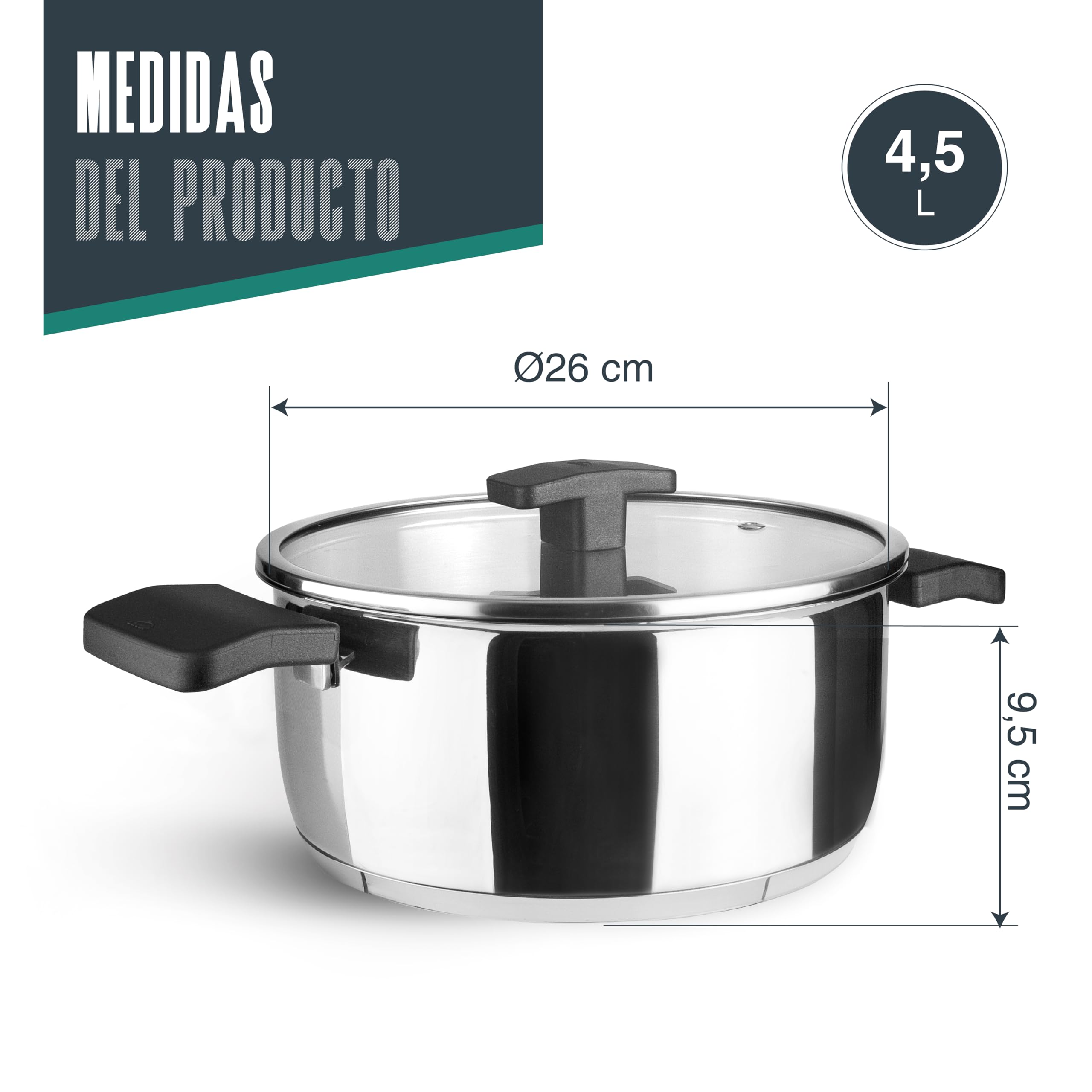 Lacor 80026 - Cacerola con Tapa Caliza, Acero Inoxidable 18/10, Asas | En acero inox 18/10, para guisos y cocciones uniformes; con 4,5 L de capacidad, versátil para tus preparaciones del día a día