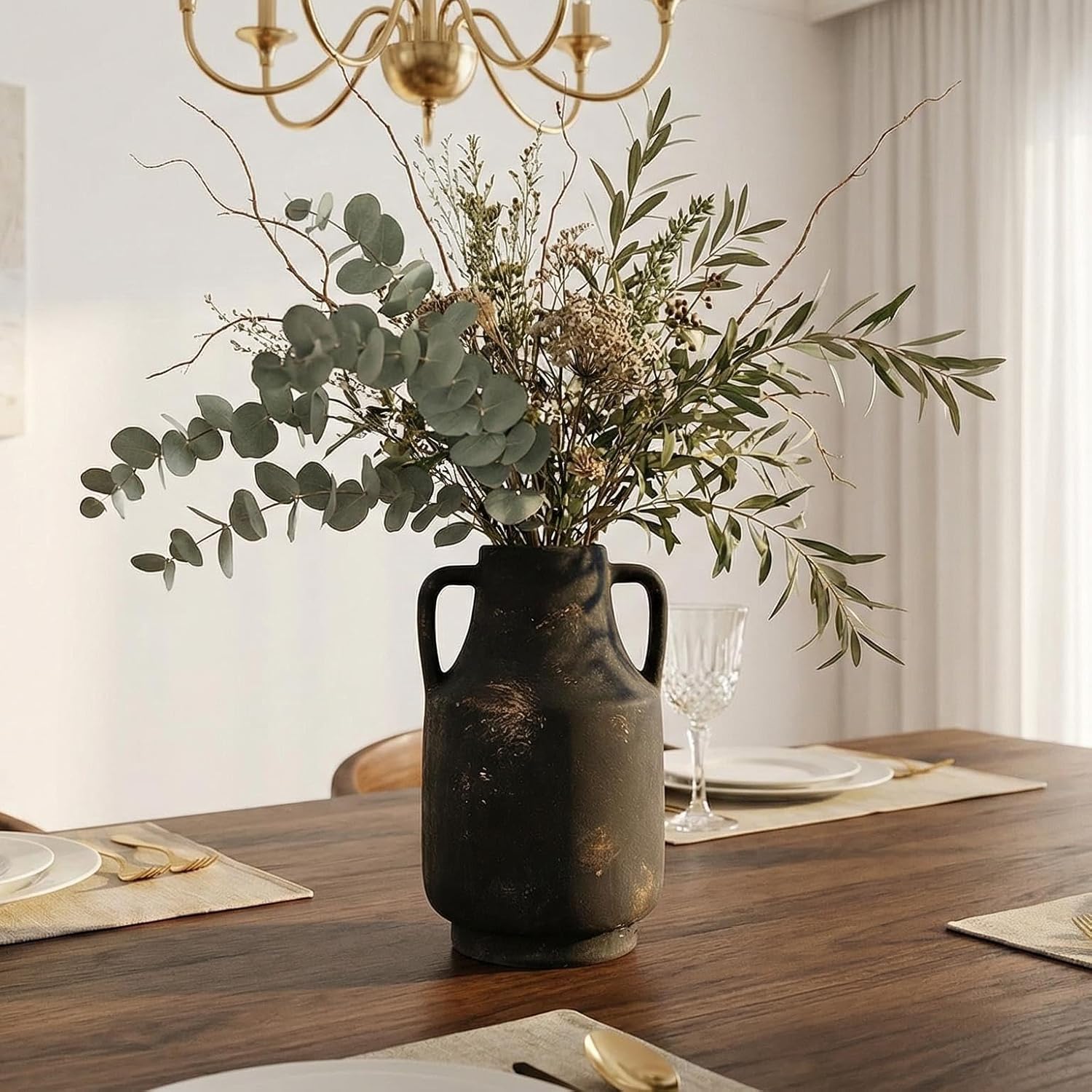 11 Inch Tall Vintage Ceramic Flower Vase with Handles,Rustic Farmhouse Vase for Home Decor,Distressed Decorative Terracotta Vase for Table Centerpiece Entryway Living Room Bedroom (005-bronze)