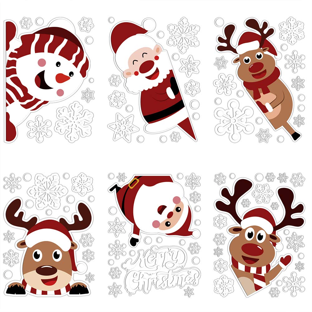 LOAVER 107PCS Christmas Window Clings,Xmas Snowflake Window Sticker Santa Claus Reindeer Decal for Home Decoration Party Supply