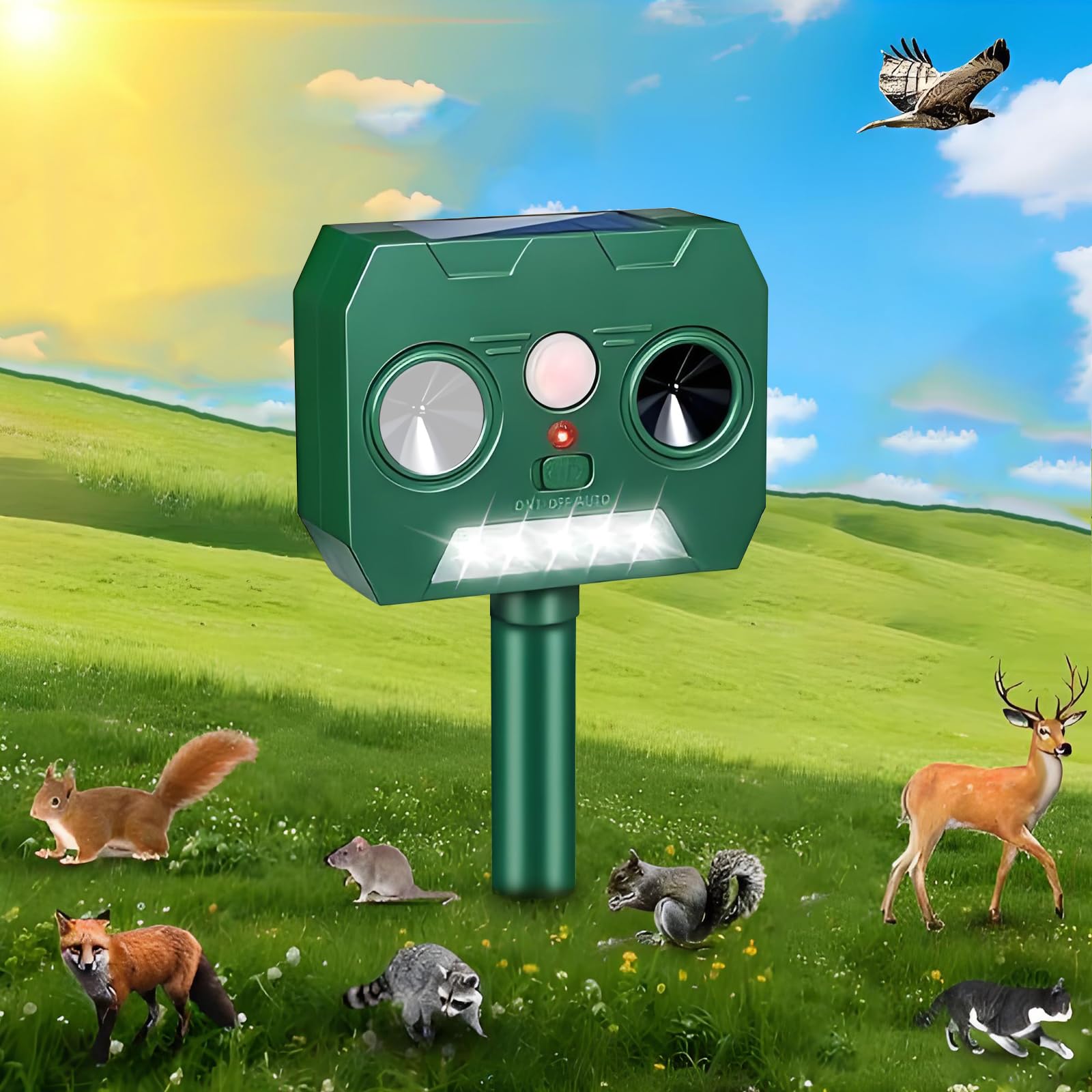 Répulsif Chat Ultrason pour Jardin Solaire Répulsif pour Animaux Etanche avec Lumière LED Repousse Les Renards，Oiseaux，Cerfs，Pigeons，Ratons Laveurs，Taupes et Les Blaireaux. (A)