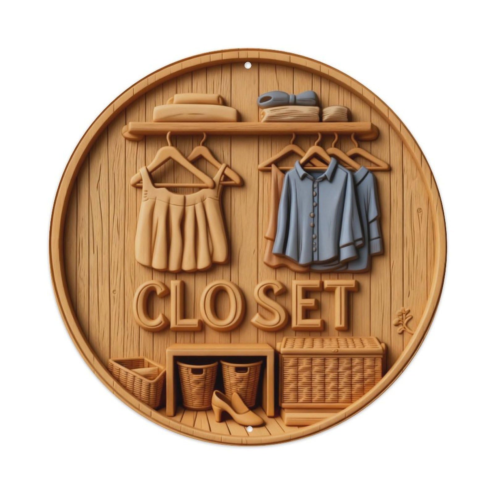 Wooden Closet With Clothes And Baskets Round Metal Tin Sign Vintage Wall Decor, Bar Garage Cafe Kitchen Home Wall Art Poster 8x8inches