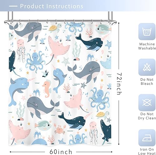 Miniatura 3 de Riyidecor Cortina de ducha para niños con diseño de ballena oceánica, 60 pulgadas de ancho x 72 pulgadas de alto, diseño de animales de dibujos