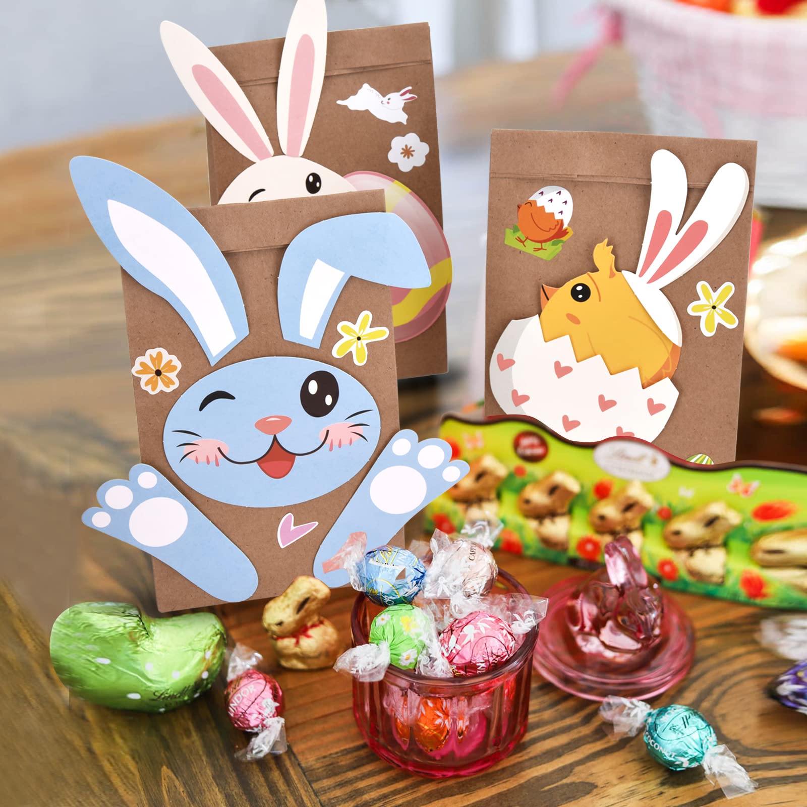 Lot De 12 Sacs Cadeaux Pâques - Motifs Lapins/œufs - Inclus Pinces Et Autocollants