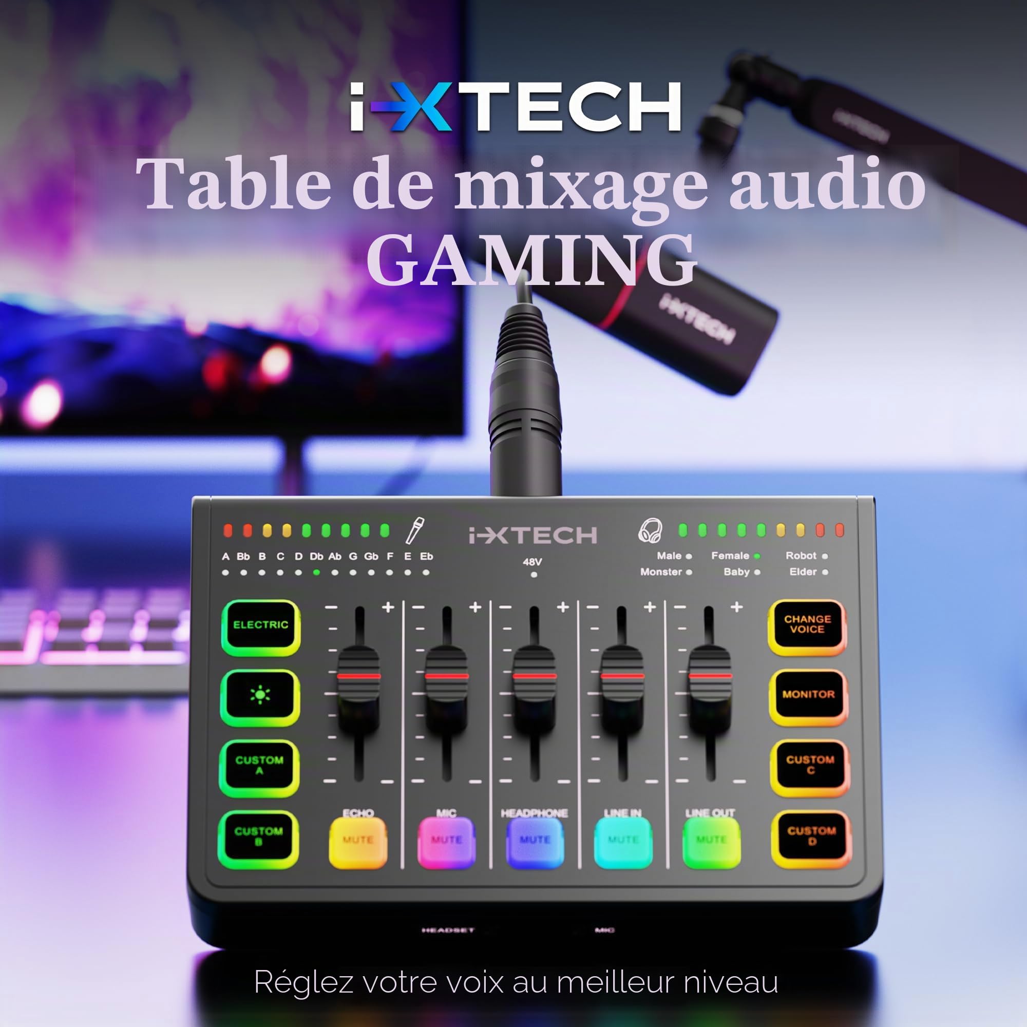 IXTECH Table de mixage audio de jeu 4 canaux, interface audio RVB pour PC avec prise en charge du microphone XLR, égaliseur audio pour jeu, podcast, streaming, karaoké, commandes de volume