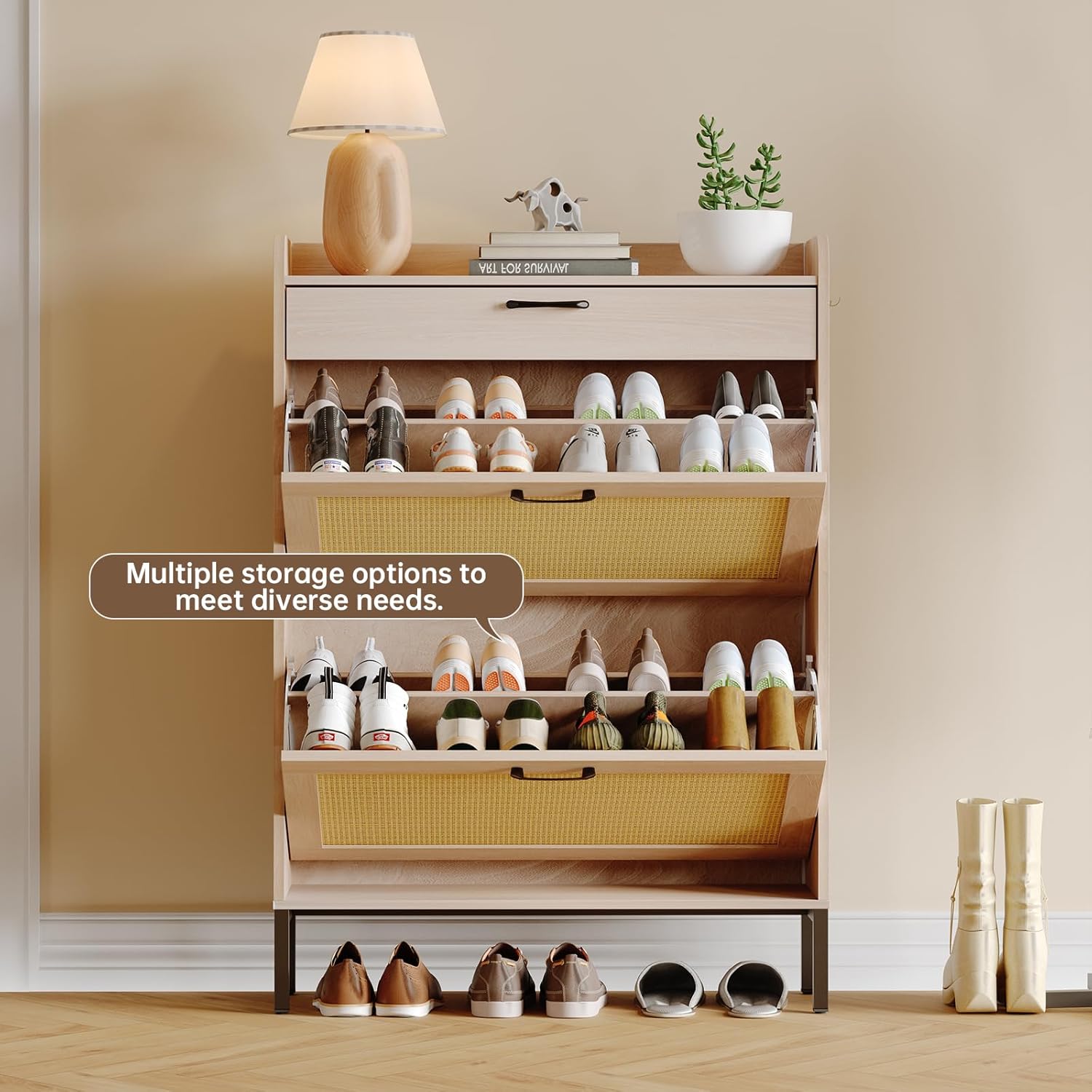 Airynee Rattan Shoe Storage Cabinet with both flip drawers open, showing shoes stored inside