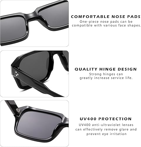 Miniatura 7 de Hycredi Gafas de sol cuadradas para hombres y mujeres, rectángulos, gruesos, color negro, UV400