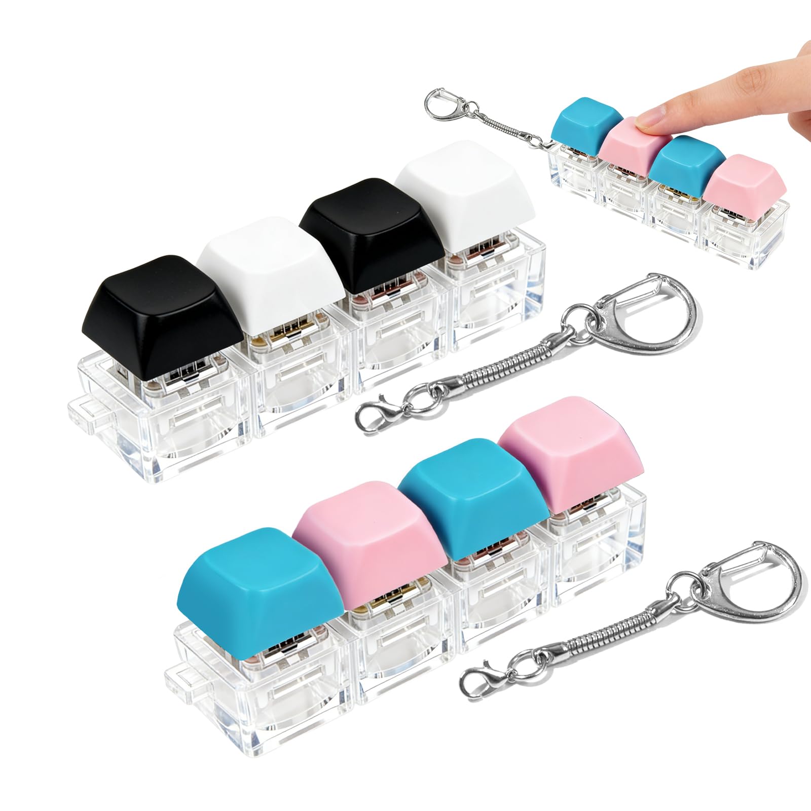 2 PCS Keyboard Fidget Tool – Clicky Fidget Keyboard with 4 Buttons – Portable Fidget Clicker with Keyring – Desk and Travel Fidget for Adults( (Black White, Blue Pink)