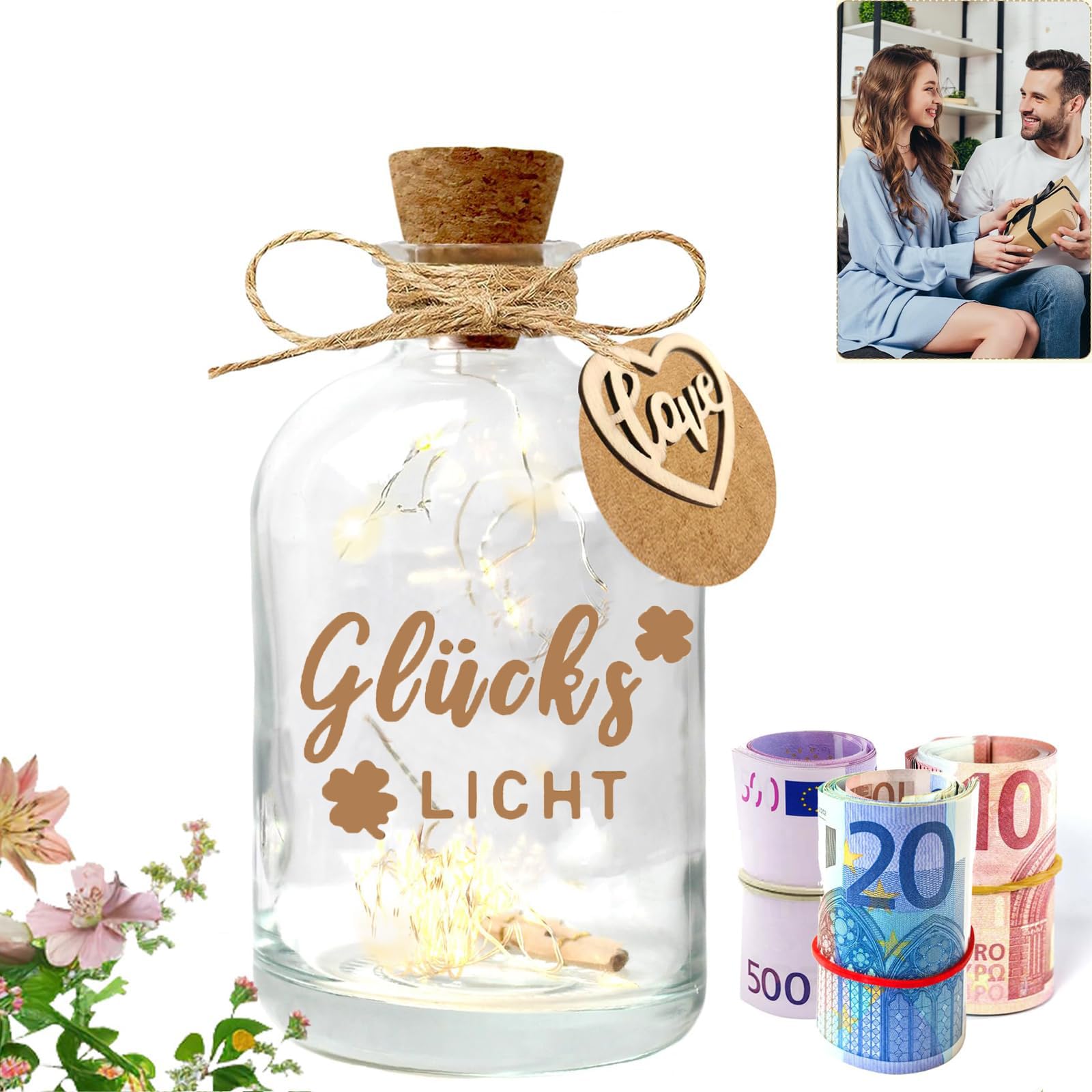 LED Flaschenlicht Hochzeit，Hochzeitsgeschenke für Brautpaar,Geldgeschenke Hochzeit Verpackungen Hochzeitsgeschenke Geld Leuchtflasche für Frisch Verliebte Geburtstag Weihnachten