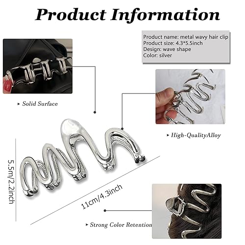 Miniatura 3 de Pinzas de metal plateado para cabello grueso, 1 pinza para el cabello, accesorios para el cabello para mujeres, pinza de pelo geométrica de metal