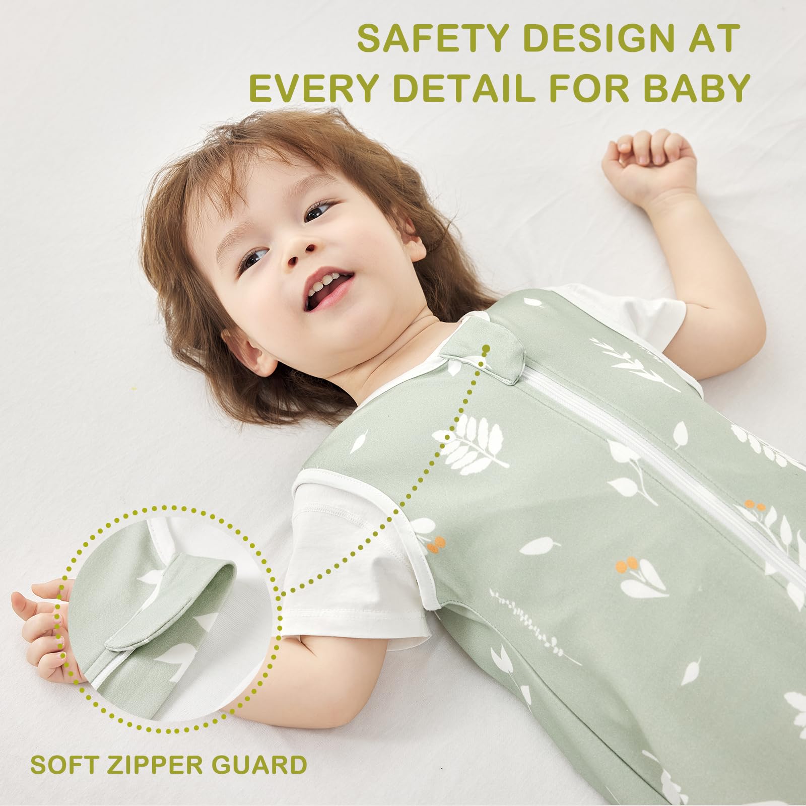 Sac de Couchage pour Bébé 0.5 TOG, 100% Coton, Gigoteuse Douce et Respirante d'Été, Sac de Couchage 0.5 TOG pour Nouveau-Né et Tout-Petit, Feuilles