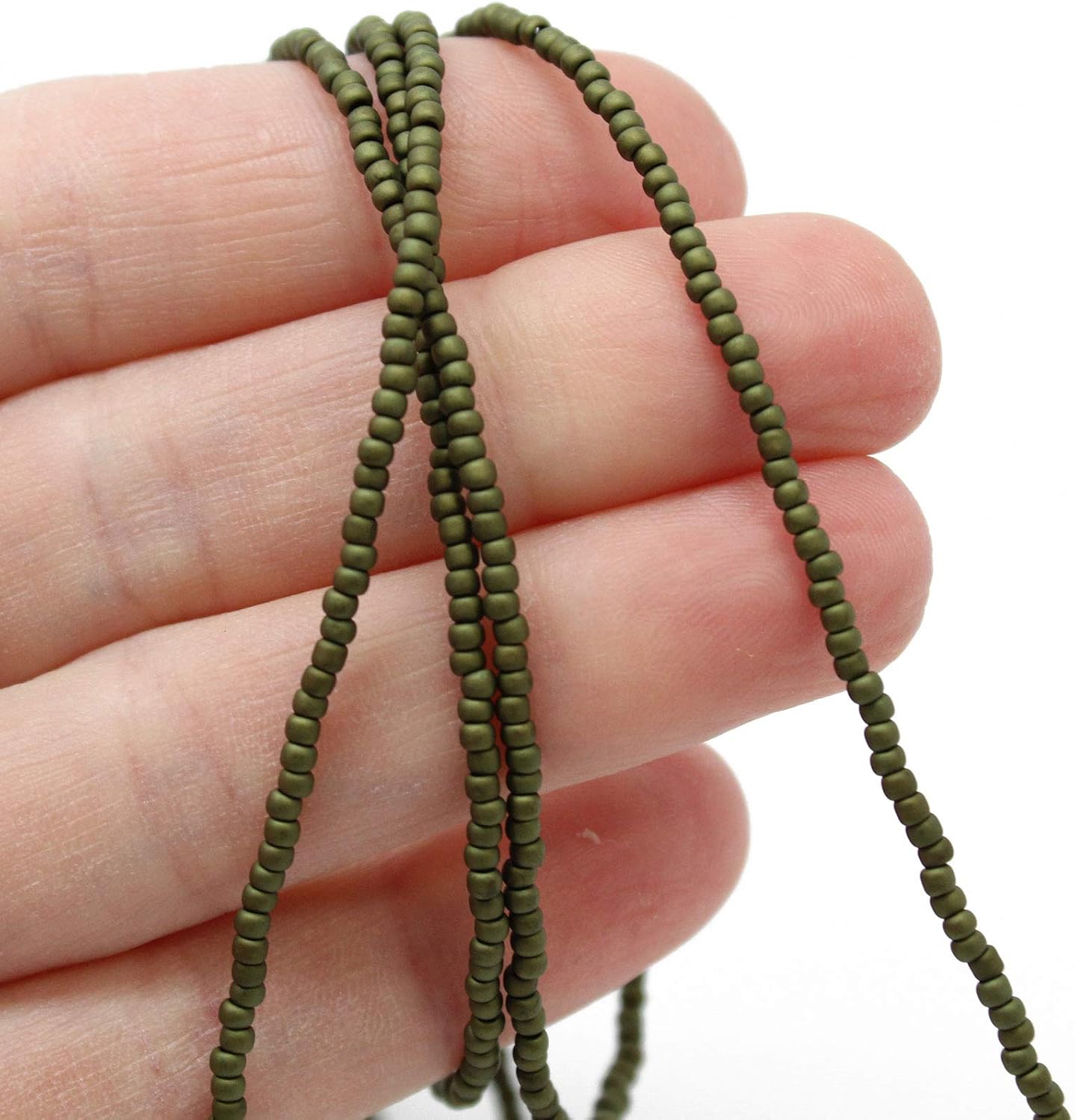 Handmade Olive Green Seed Bead Necklace, Thin 1.5mm Single Strand Green Beaded Necklace