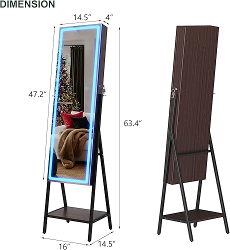 Miniatura 7 de HNEBC Armario de joyería con espejo LED, organizador de joyas con cerradura, espejo de longitud completa con almacenamiento, luces ajustables,