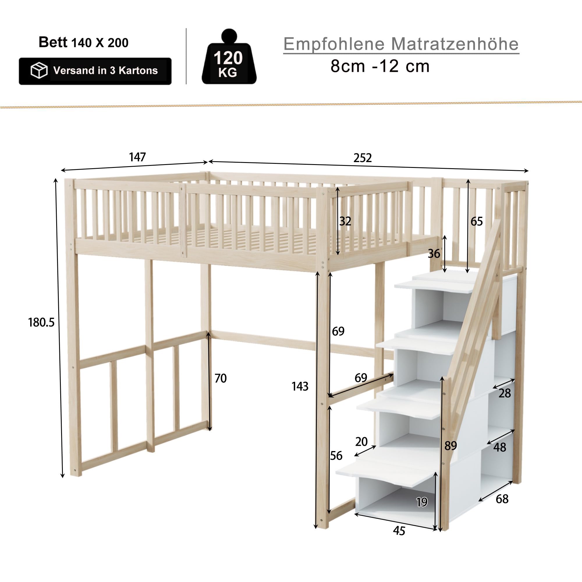 Merax Lit Mezzanine 140 x 200 cm, Multifonction Lit Enfant avec Espace de Rangement Escalier, Couleur Bois et Blanc (sans Matelas)