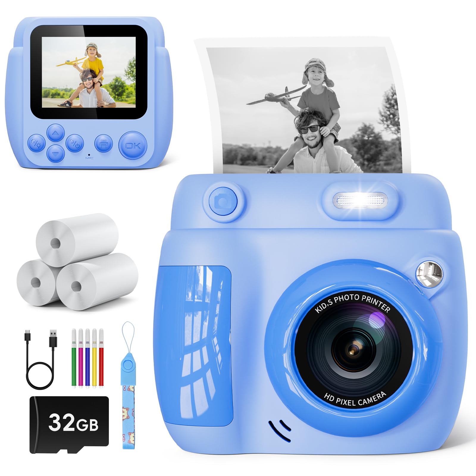 View 1 of ***BROKEN SCREEN***Kids Camera Instant Print - Christmas Birthday Gifts for Girls Boys Age 3-12, 1080P Video Digital Camera with 3 Rolls Printing Paper, Toddler Travel Toy Camera for 4 5 6 7 8 9 10 11 Year Old - Blue