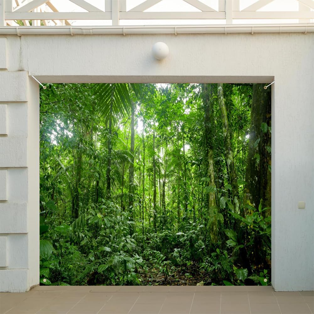 7x16ft Jungle Forest Trees Garage Door Banner Cover Summer Woods Wonderland Trees Plants Spring Nature Landscape Garage Door Backdrop Picnic Camping Girl Boy Scouts Adventure Studio Props