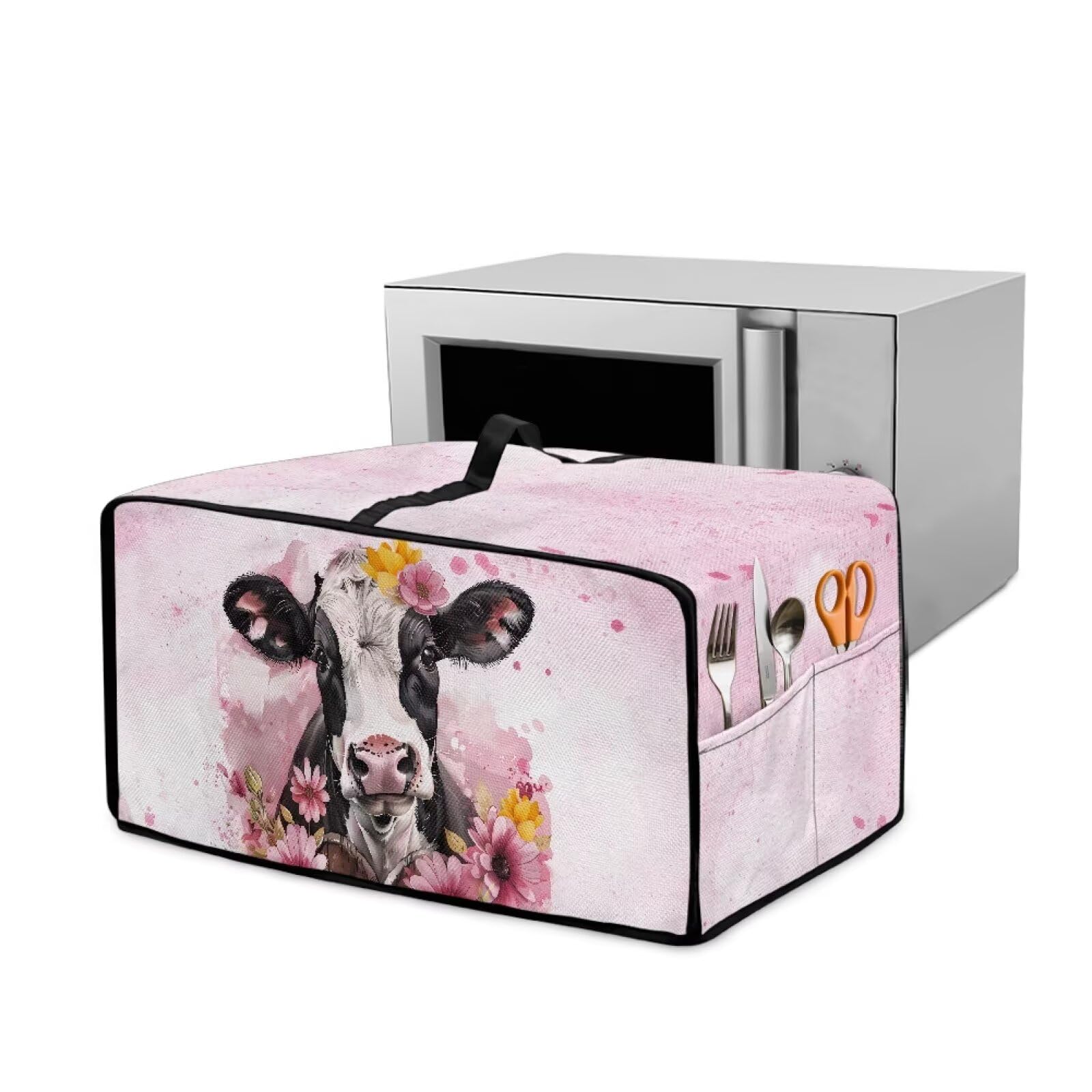 Wanyint Toaster Oven Dust Cover with Accessory Pockets Dustproof Washable Rectangular Convection Oven Air Fryer Protective Cover Case, 20.5 x 16.5 x 10 Inches, Cow Daisy Pink