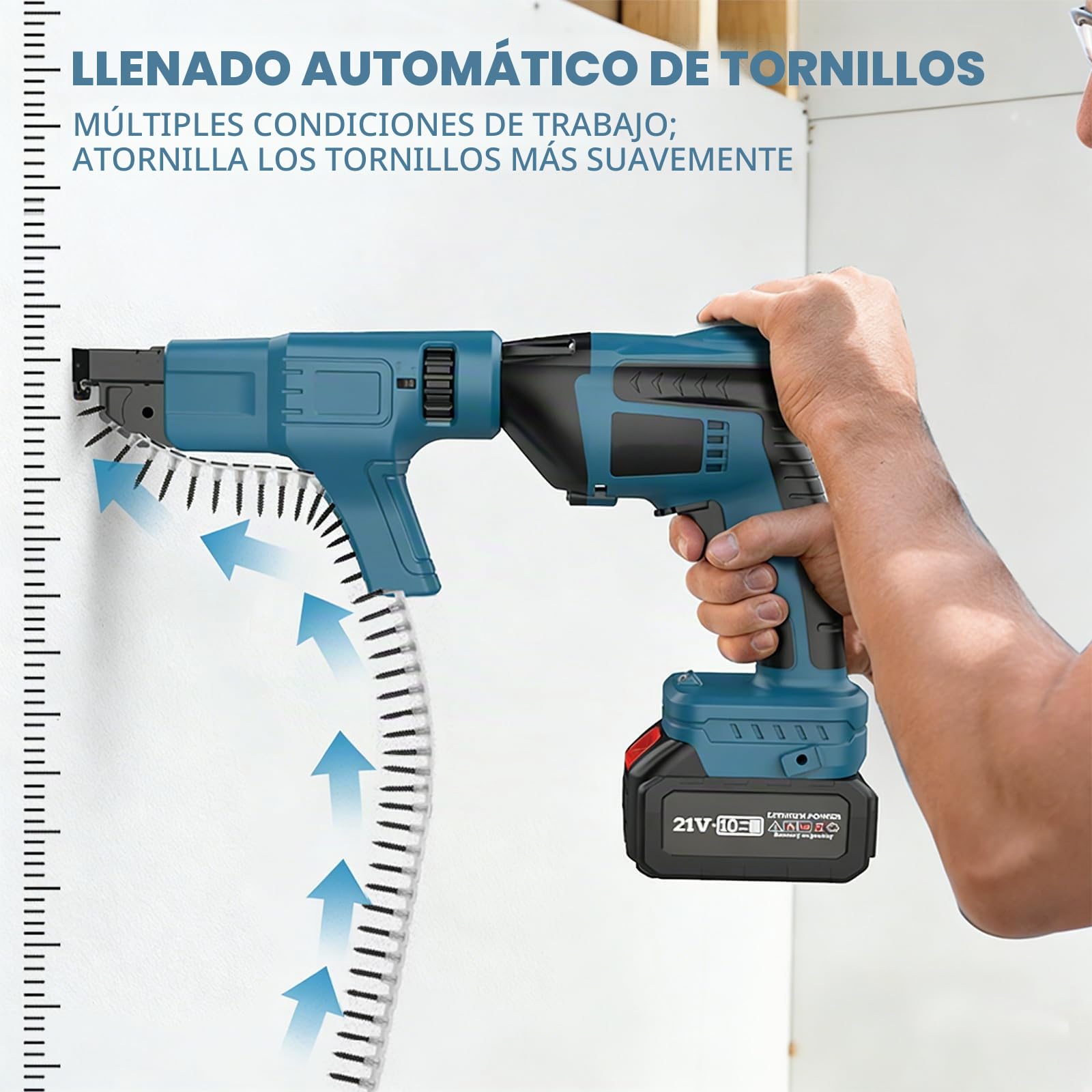 Atornillador inalámbrico para pladur, atornillador con cargador de tira y alimentación automática, batería de 3000 mAh x2, velocidad de rotación 5000 min-1, motor sin escobillas, luz de trabajo LED y