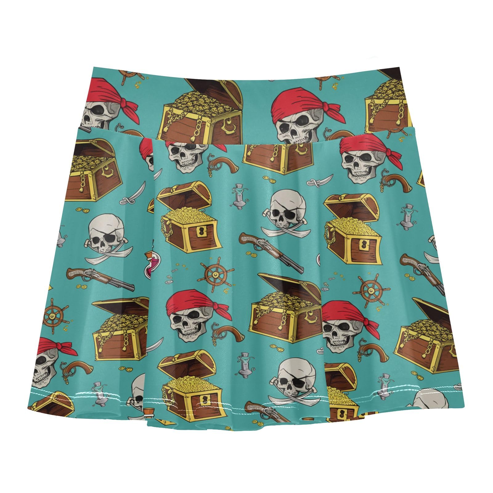 CHIFIGNO Little Girls Skort Pleated Athletic Skirts with Shorts High Waisted Tennis Workout Skorts Nautical Pirate Skulls Sea Green Size 9-10